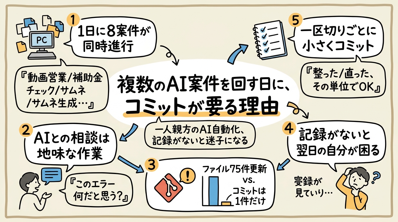 複数のAI自動化案件を一人で回す日に、コミットが要る理由のグラフィックレコーディング(この記事を1枚で)