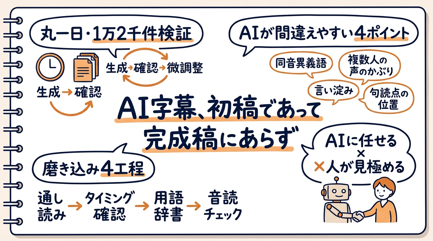 AI字幕自動生成ツールを丸一日検証してわかった仕上げの勘所のグラフィックレコーディング(この記事を1枚で)