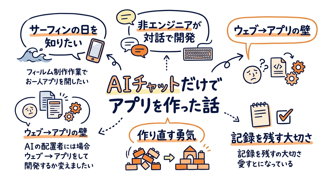 映像制作の合間にClaude Codeで個人アプリを開発した記録のグラフィックレコーディング(この記事を1枚で)