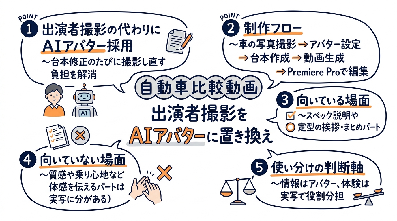 自動車比較動画の出演者撮影をAIアバターに置き換えた制作記録のグラフィックレコーディング(この記事を1枚で)
