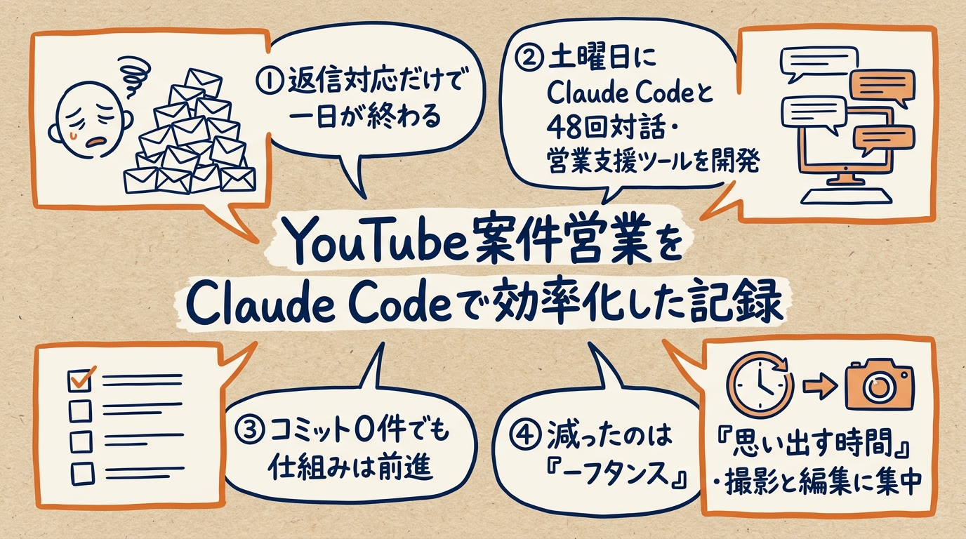 YouTube案件の営業対応をClaude Codeで効率化した記録のグラフィックレコーディング(この記事を1枚で)