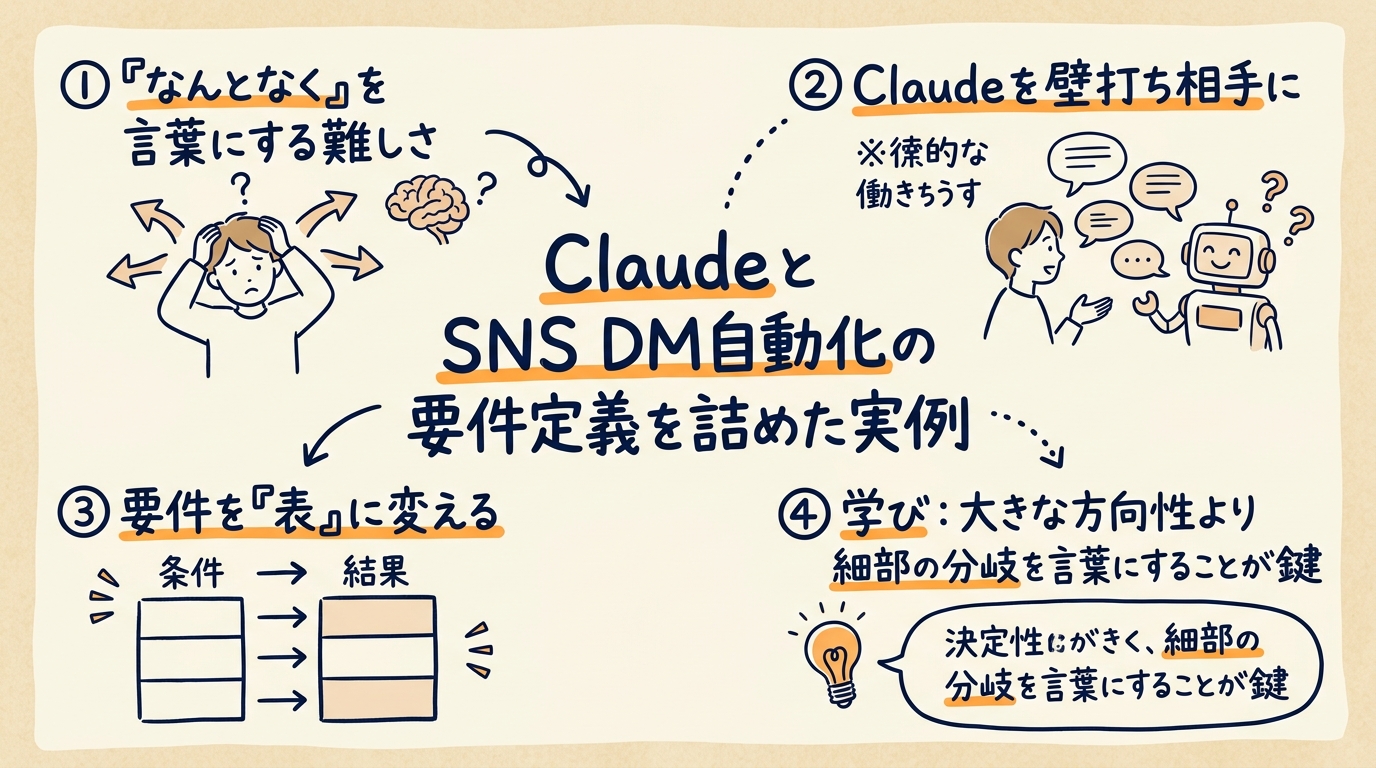 ClaudeとSNS DM自動化の要件定義を詰めた実例のグラフィックレコーディング