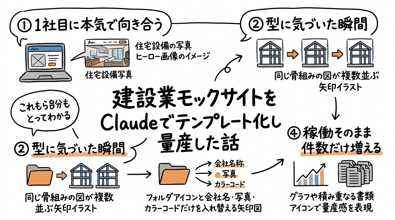 建設業の見本サイトをClaudeでテンプレート化し、量産した話のグラフィックレコーディング(この記事を1枚で)