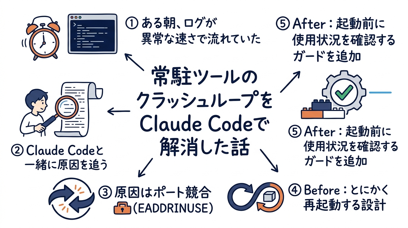 常駐ツールのクラッシュループをClaude Codeで解消した話のグラフィックレコーディング(この記事を1枚で)