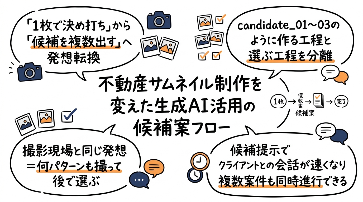 不動産サムネイル制作を変えた生成AI活用の候補案フローのグラフィックレコーディング（この記事を1枚で）