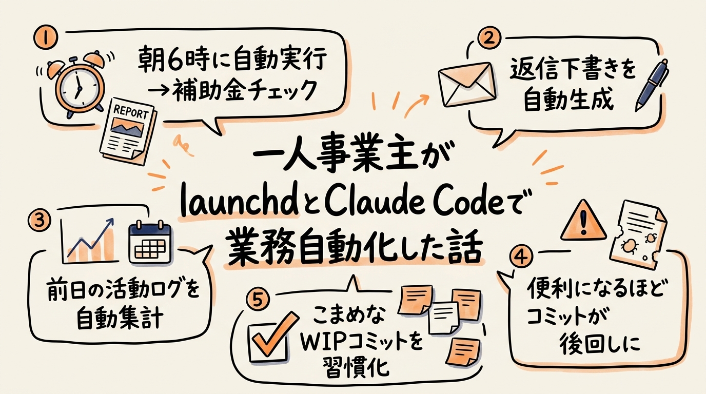 一人事業主がlaunchdとClaude Codeで業務を自動化した話のグラフィックレコーディング（この記事を1枚で）