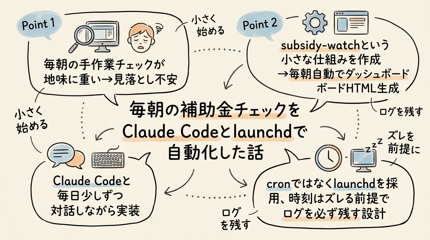 毎朝の補助金チェックをClaude Codeとlaunchdで自動化した話のグラフィックレコーディング