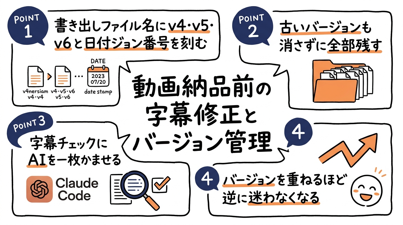 動画納品前の字幕修正とバージョン管理、AI活用の実例のグラフィックレコーディング（この記事を1枚で）