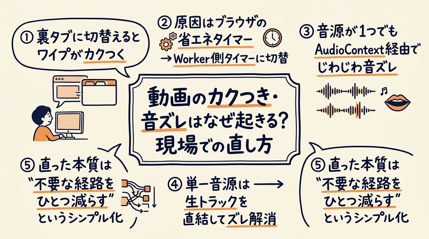 動画のカクつき・音ズレはなぜ起きる？現場での直し方のグラフィックレコーディング（この記事を1枚で）