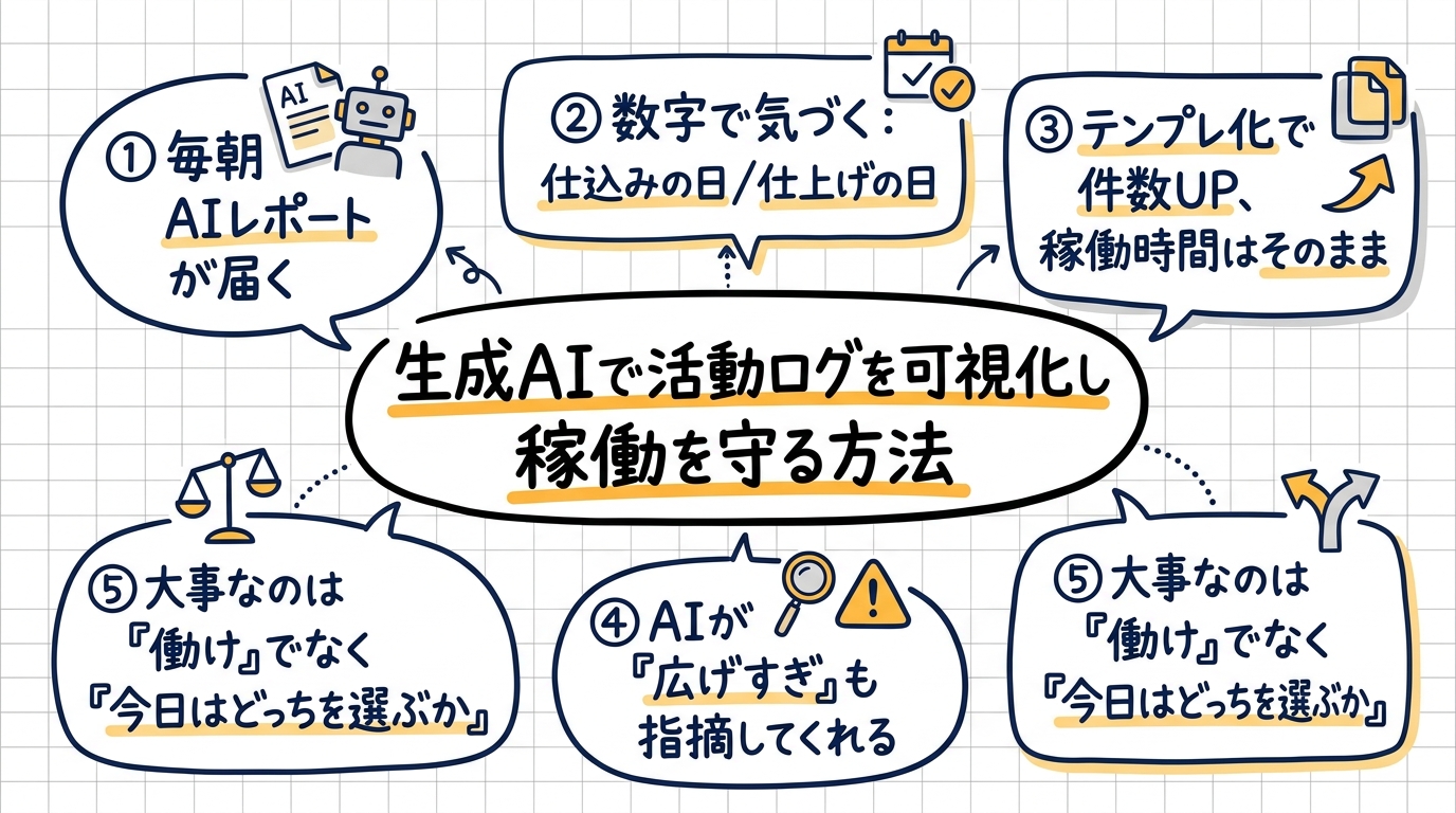 生成AIで働き方を可視化したら、稼働を増やさず案件が増えたのグラフィックレコーディング(この記事を1枚で)