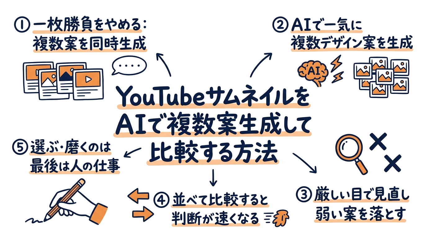 YouTubeサムネイルをAIで複数案生成して比較する方法のグラフィックレコーディング（この記事を1枚で）