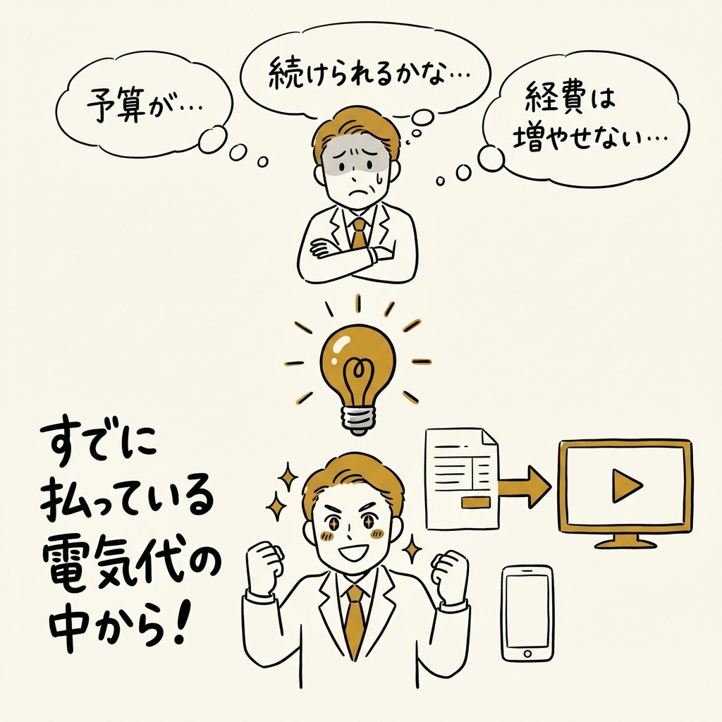 悩む社長さんが「すでに払っている電気代の中から」とひらめくグラフィックレコーディング