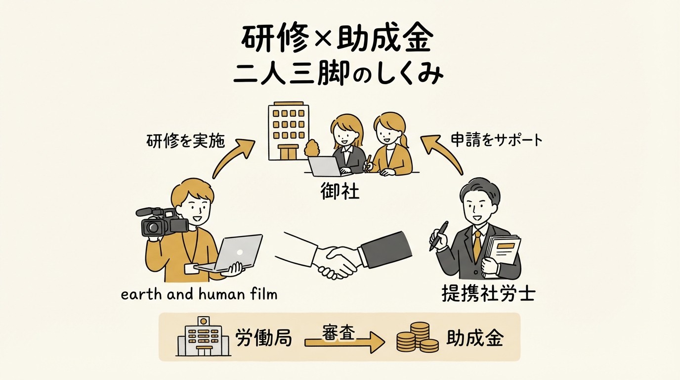 御社を中心に、earth and human filmが研修を実施し、提携社労士が申請をサポート。労働局の審査を経て助成金が支給される図